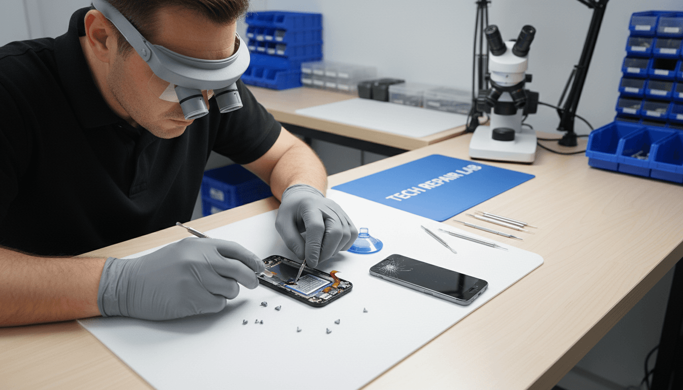Technician repairing a smartphone screen with precision tools at a clean workbench