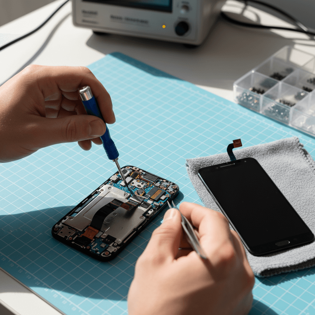 Technician repairing a smartphone screen at a clean workbench