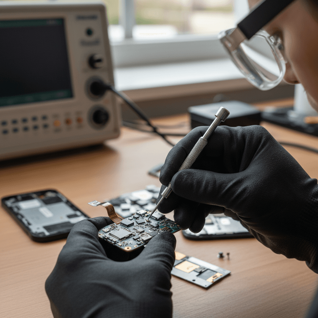 Technician repairing a smartphone at a clean workbench