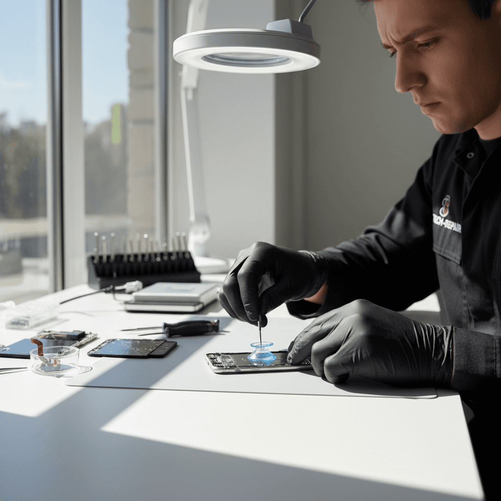 Technician repairing a smartphone at a clean workbench in Toronto